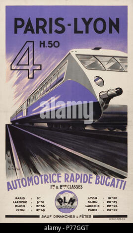 Inglese: Poster della ex ferrovia PLM: Parigi-lione 4h50 Automotrice rapide Bugatti. 1935 2 Affiche Parigi-lione 4h50 Automotrice rapide Bugatti Foto Stock