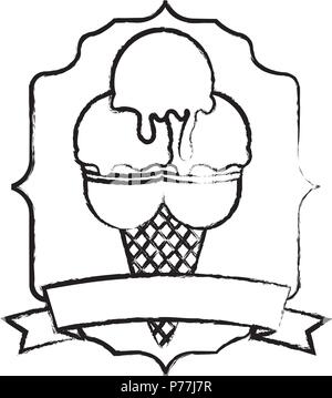 Gelato alla crema con tre scoop su cornice decorativa e il nastro e lo sfondo bianco, illustrazione vettoriale Illustrazione Vettoriale