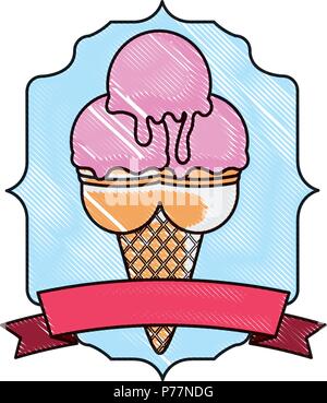 Gelato alla crema con tre scoop su cornice decorativa e il nastro e lo sfondo bianco, illustrazione vettoriale Illustrazione Vettoriale