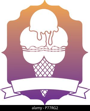Gelato alla crema con tre scoop su cornice decorativa e il nastro e lo sfondo bianco, illustrazione vettoriale Illustrazione Vettoriale