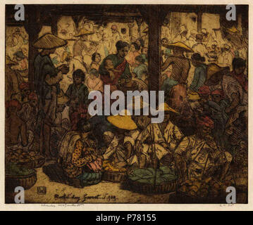 Inglese: Giorno di Mercato, Garoet (Java), di attacco e di incisione con mano-applicato acquerello di Charles W. Bartlett, c. 1923, Honolulu Museum of Art . circa 1923 5 Charles William Bartlett. Giorno di mercato, Garoet. Java., c. 1923, attacco, incisione; colorate a mano con acquarello. Foto Stock