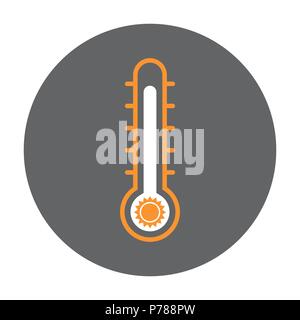 Termometro con sun icona sul cerchio nero, piatto iconico vettore. Illustrazione Vettoriale