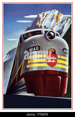 CANADIAN PACIFIC Vintage anni cinquanta la ferrovia Poster Arte Grafica Canadian Pacific Railway Company - locomotiva diesel Treno - Il Logo Beaver Shield - Vintage Railroad poster di viaggio da Peter Ewart c.1950 Annunci Trasporto ferroviario annunci pubblicitari Canadian Pacific Railway Canadese Pacific treno Foto Stock