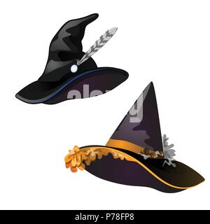 Set di strega black hat. Schizzo per biglietto di auguri, poster festosa, invito alla festa. Attributi di vacanza di spirito cattivo Halloween. Accessorio di moda per il carnevale. Vector cartoon close-up illustrazione Illustrazione Vettoriale