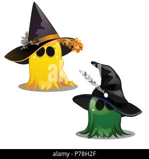 Due graziosi colorati giallo e verde in Ghost cappelli strega isolati su sfondo bianco. Schizzo per biglietto di auguri, festosa poster o un invito alla festa. Attributi della vacanza di spirito cattivo Halloween. Illustrazione Vettoriale