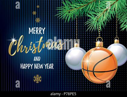 Buon Natale e Felice Anno Nuovo. Sport biglietto di auguri. Il basket ball come una palla di Natale. Illustrazione Vettoriale. Illustrazione Vettoriale