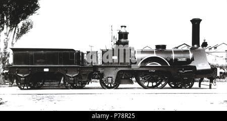 Réplica fiel de la Locomotora 'Mataró ', en el Centenario de primer viaje en ferrocarril de Barcellona a Mataró 1848-1948, fabricada en los talleres de La Maquinista Terrestre y Maritima. Foto Stock