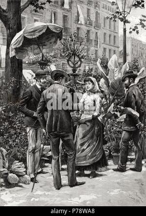 España. Barcellona. Parada de Flores en las Ramblas. Grabado de 1884. Foto Stock