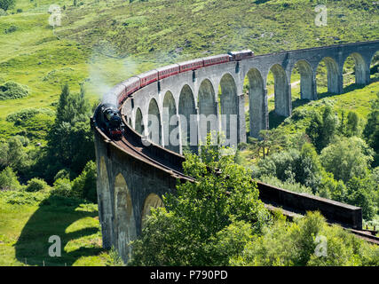 Il Giacobita Express conosciuta anche come la scuola di Hogwarts Express percorre il viadotto Glenfinnan sul percorso tra Fort William e Mallaig. Foto Stock