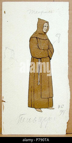 Bilibin, Ivan (Jean Bilibine) due costumi per il Miracolo DEYSTVO O TEOFILE ("il miracolo di Teofilo") 1907 medie: Gouache e matita su carta di dimensioni in pollici: a) 8-7/8" x 4-3/8"; b) 8-7/8" x 5-5/8' dimensioni in centimetri: a) 22,5 x 11,1 cm; b) 22,5 x 14,3 cm commenti: Artista: Ivan Yakovlevich Bilibin (1876-1942). Le iniziali e la data sulla parte anteriore di un costume. Senza cornice. DEYSTVO O TEOFILE ("il miracolo di Teofilo"): Testo da Rutebeuf. Traduzione di Aleksandr Aleksandrovich Blok (1880-1921). STARINNY TEATR ("Teatro Antico') di Nikolay Nikolaevich Evreinov (1879-1953) e del barone N. V. Drizen. Pro Foto Stock