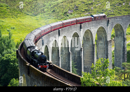 Il Giacobita Express conosciuta anche come la scuola di Hogwarts Express percorre il viadotto Glenfinnan sul percorso tra Fort William e Mallaig. Foto Stock