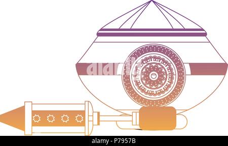 Pentola di fango con polvere e icona pichkari su sfondo bianco, illustrazione vettoriale Illustrazione Vettoriale