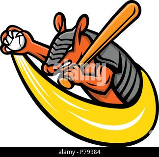 Icona di mascotte illustrazione di un armadillo, un nuovo mondo fa mammifero con una corazza coriacea shell, tenendo in mano una mazza da baseball e la sfera a visione laterale Illustrazione Vettoriale
