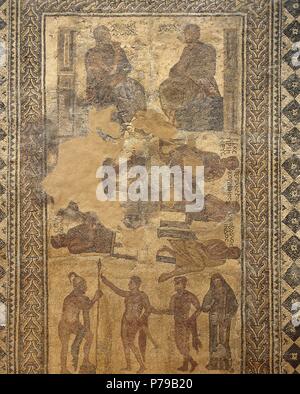 Mosaico romano di sette saggi. Villa di Las Tiendas. 4° C. Merida (Augusta Emerita). Spagna. Museo Nazionale di Arte Romana. Merida. Spagna. Foto Stock