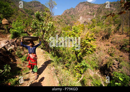 Donna indiana nel tradizionale sari vicino al grande orrido di Kundal villaggio sulla valle Nandhour, Uttarakhand, India Foto Stock