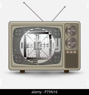 Realistico vintage vecchio televisore. Televesion retrò con nessun segnale test. Immagine su sfondo bianco Illustrazione Vettoriale