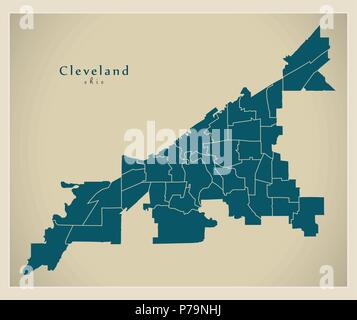 Città moderna mappa - Cleveland Ohio città degli Stati Uniti con i quartieri Illustrazione Vettoriale