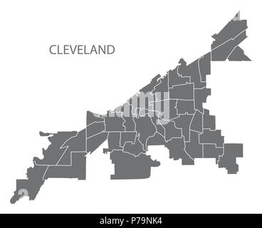 Cleveland Ohio mappa della città con i quartieri grigio illustrazione forma silhouette Illustrazione Vettoriale