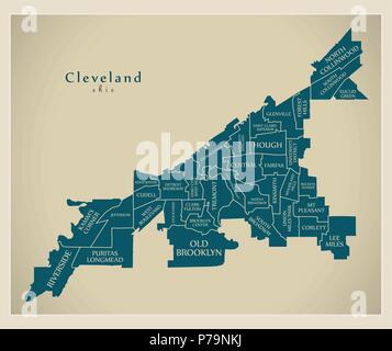 Città moderna mappa - Cleveland Ohio città degli Stati Uniti con i quartieri e titoli Illustrazione Vettoriale