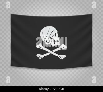 Appendere realistico bandiera del pirata. Vuoto striscione in tessuto illustration design. Jolly Roger Illustrazione Vettoriale