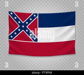 Appendere realistico bandiera del Mississippi. Stato degli Stati Uniti d'America. Vuoto striscione in tessuto illustration design. Illustrazione Vettoriale