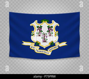 Appendere realistico bandiera del Connecticut. Stato degli Stati Uniti d'America. Vuoto striscione in tessuto illustration design. Illustrazione Vettoriale