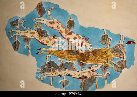 Pittura murale frammenti, Tirinto Palace (fine), due donne in un carro guardando hounds e caccia un cinghiale. Xiv e XV secolo. Foto Stock