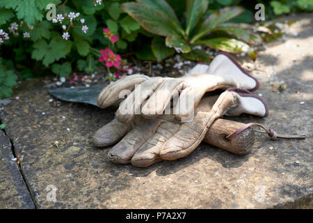 In pelle guanti da giardinaggio e un di legno trattati giardinaggio frattazzo su una parete del giardino in estate, UK. Foto Stock