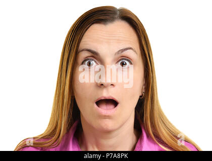 Scioccato espressione su un volto di donna, tagliate Foto Stock