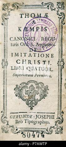 Thomas a Kempis (1380-1471). Canon regolari, autore della imitazione di Cristo. Edizione di copertura di Girona, 1767. La Catalogna. Biblioteca episcopale. Barcellona. Foto Stock