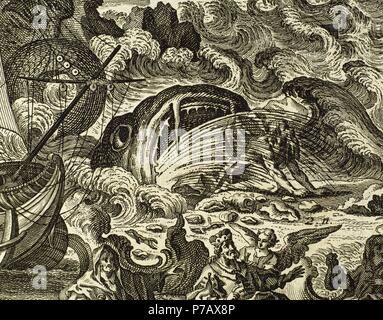 Giona vomitato dalla grande pesce sulla riva. Libro di Giona. Capitolo 2. Incisione. Foto Stock