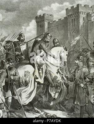 Ferdinando III (c.1201-1252), chiamato Ferdinando il santo. Re di Castiglia e Leon. La rinuncia di Siviglia. Ferdinando III ingresso trionfale in città. Incisione del XIX secolo. Foto Stock