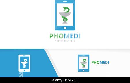 Medicina del vettore di telefono e combinazione di logo. Farmacia e mobile di simbolo o icona. Unica ambulanza e Device logo design modello. Illustrazione Vettoriale
