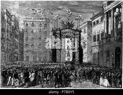 España. Entrada del generale Juan Prim, Conde de Reus, en Barcelona, el 8 de septiembre de 1860. Grabado de época. Foto Stock