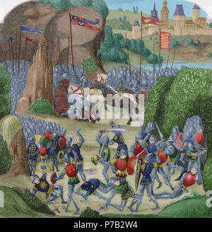 Battaglia di Otterburn. Il 5 agosto 1388. Lotta al confine tra lo scozzese e inglese gli eserciti. Les Chroniques di Jean Froissart. Incisione di una edizione del 1881. Colorati. Foto Stock