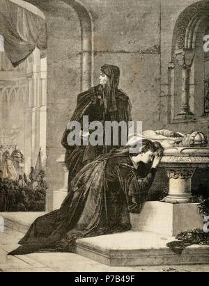 La regina Maria I d'Ungheria (1371-1395) e sua madre regina consorte Elisabetta di Bosnia (1339-1387) lutto presso la tomba di suo padre e suo marito Luigi I di Ungheria (1326-1382). Incisione dopo la pittura di A. Liezen-Mayer. Xix secolo. Foto Stock