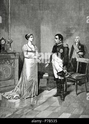 La regina Maria Luigia, duchessa di Parma (1791-1847) e Napoleone Bonaparte (1769-1821) a Tilsit. Incisione di A. Closs. Germania, 1882. Foto Stock