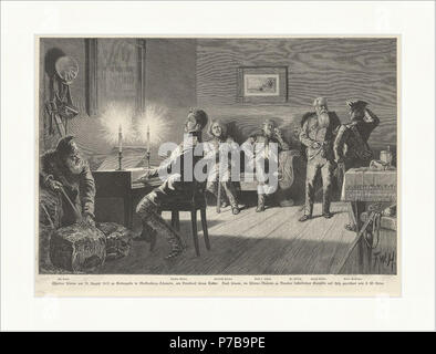 Deutsch: Friedrich Wilhelm Heine: Theodor Körner am 25. Agosto 1813 zu Gottesgabe in Mecklenburg-Schwerin am Vorabend sciabiche Todes, zu sehen sind von links nach rechts: ein Kossack, Theodor Körner am Klavier, Friedrich Friesen, Ludwig Adolf Wilhelm von Lützow, Fritz Helfritz, Giuseppe und Anton Probsthan; Holzschnitt nach dem Gemälde von 1881 im Körner-Museum Dresda (zerstört) . 1881 45 HeineKoernerVorabend Foto Stock