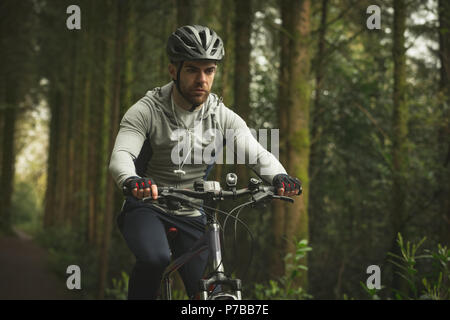 Ciclista Bicicletta Equitazione attraverso la foresta Foto Stock