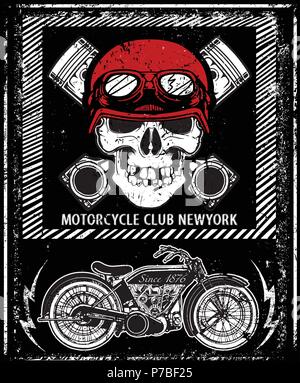 Moto d'epoca disegnato a mano il cranio del vettore casco tee graphic design Illustrazione Vettoriale