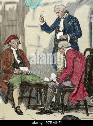 Rivoluzione francese. 1789-1799. Conteggio di Ferrers giocando a carte con i suoi carcerieri prima della sua esecuzione. Incisione.del XIX secolo. Colorati. Foto Stock