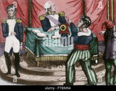 Rivoluzione francese. 1789-1799. Dei sanculotti offrendo il berretto frigio, simbolo Rivoluzione, a Re Luigi XVI (presoner). Incisione. Colorati. Foto Stock