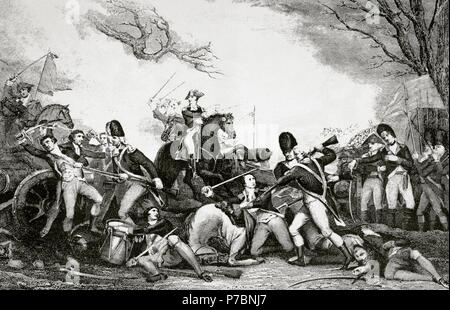 La guerra rivoluzionaria americana (1775-1783). La battaglia di Princeton (3 gennaio 1777). Il generale George Washington forze rivoluzionarie sconfitto le forze britanniche nei pressi di Princeton, New Jersey. Incisione. Xix secolo. Foto Stock