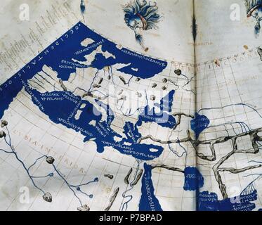 Manoscritto copia di Tolomeo (100-170 AD) mappa del mondo, ricostituito da Tolomeo la geografia (c.150), che indica i paesi di 'Serica' e 'Sinae' (Cina) all'estremo oriente, oltre l'isola di 'Taprobane' (Sri Lanka, oversized) e 'Aurea Chersonesus' (Penisola Malese). Del xv secolo. Foto Stock
