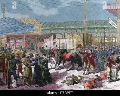 Guerra franco-prussiana. 1870-1871. Conflitto tra il secondo impero francese e gli stati tedeschi del Nord tedesco Confederazione guidata dal Regno di prussiano. Le truppe francesi prendere il treno a Parigi. Incisione di Yon. La Ilustracion Española y Americana, 1870. Foto Stock