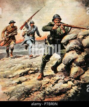 La prima guerra mondiale (1914-1918). Arrivano i rinforzi alleati. Disegno di Achille Beltrame (1871-1945). La Domenica del Corriere, 1916. Colore. Foto Stock