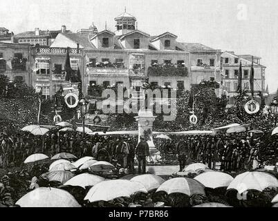 Inaugurazione del monumento commemorativo di Mendez Nunez (1824-1869). Militare Spagnola addetto navale. Agosto 2, 1890, Spagna. Incisione di N. Vazquez, La Ilustracion Revista Hispano-Americana, 1890. Foto Stock