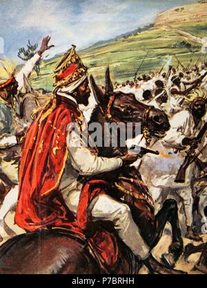 Prima Guerra Italo-Ethiopian. Conflitto tra Italia ed Etiopia, 1895-1896. Ras Makonnen(1852-1906) lotta contro le truppe italiane durante l'assedio di Mekele, 1896. Disegno di Walter Molino (1915-1997). La Domenica del Corriere. Foto Stock