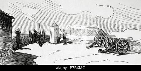 Terza guerra carlista (1872-1876). Paese basco. Alava. Pass di Herrera. San Leon fort, occupata dal generale Jenaro Quesada, primo marchese od Miravalles (1818-1889) il 5 novembre 1875. Entrata. Parata a terra. Incisione di Rico. 'La Ilustracio n Espan ola y Americana ", 1876. Foto Stock