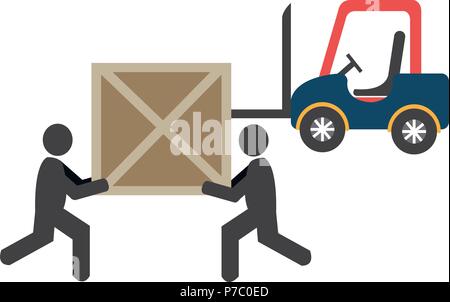 Lavoratori di consegna con scatole di legno e il carrello elevatore illustrazione vettoriale design Illustrazione Vettoriale